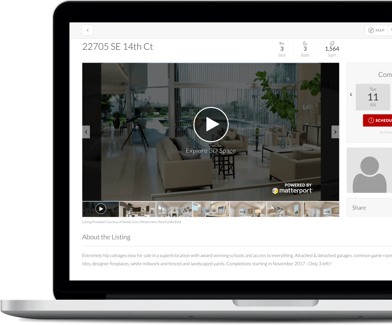 Virtual tour of a modern, spacious living room with large windows, contemporary furniture, and a scenic outdoor view, powered by Matterport.