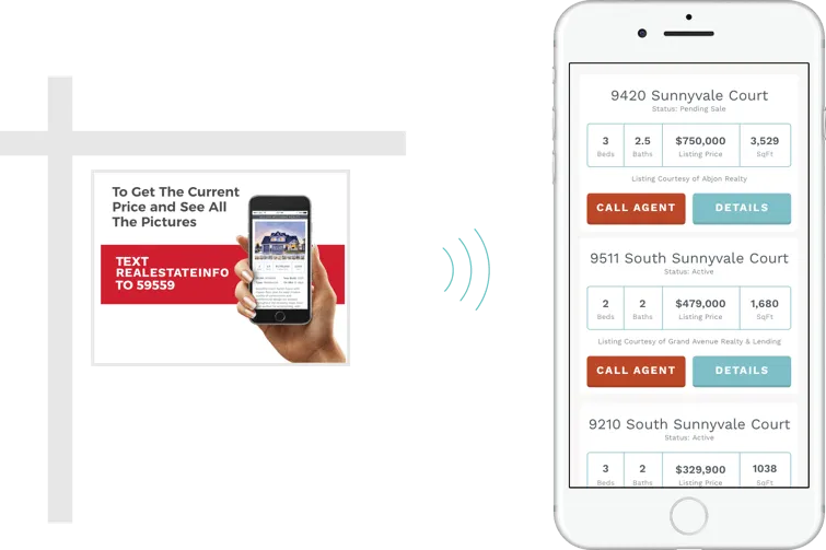 Mobile phone displaying real estate listings with property details, prices, and call-to-action buttons, alongside a promotional graphic for updating property information via text message.