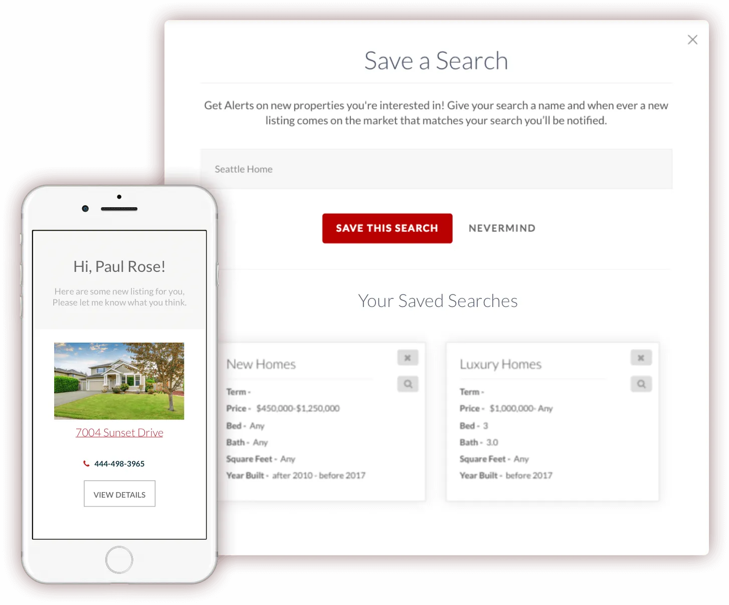 Mobile phone displaying real estate listing for a house at 7004 Sunset Drive with contact information and a