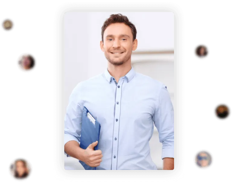 Smiling young man holding blue folder in professional attire, standing in office environment