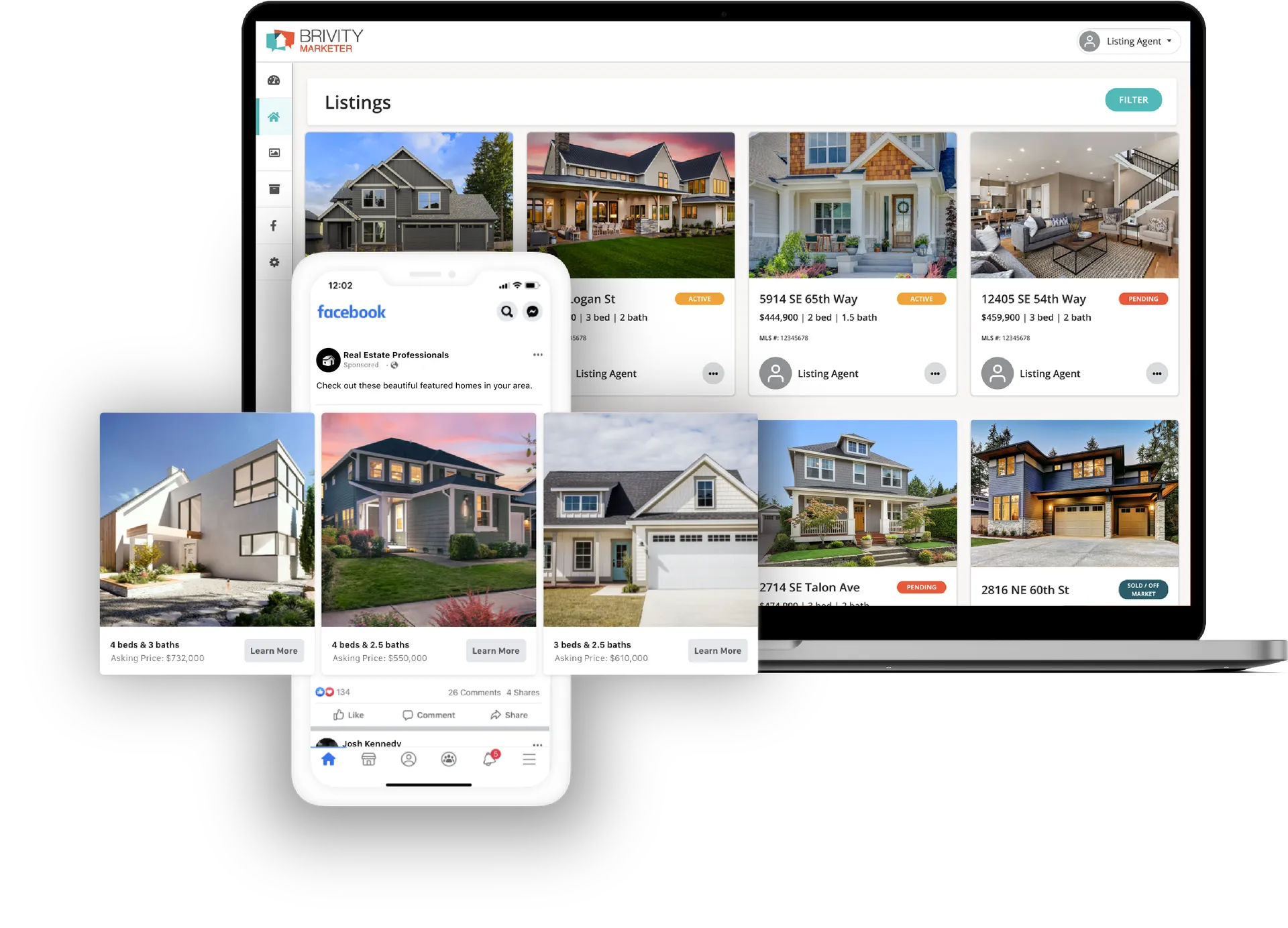 Real estate property listings displayed on a laptop and mobile phone screens, showcasing various house designs, prices, and statuses in a real estate marketing website.