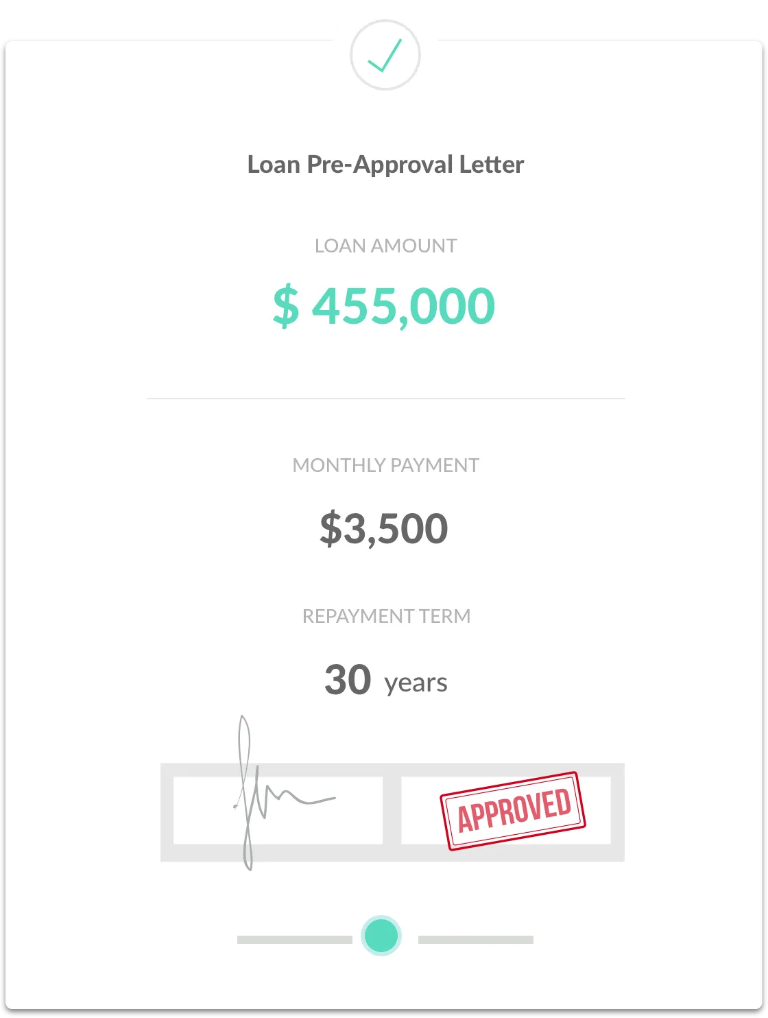 Loan pre-approval letter showing a loan amount of $455,000, monthly payment of $3,500, 30-year repayment term, with signature and approved stamp.