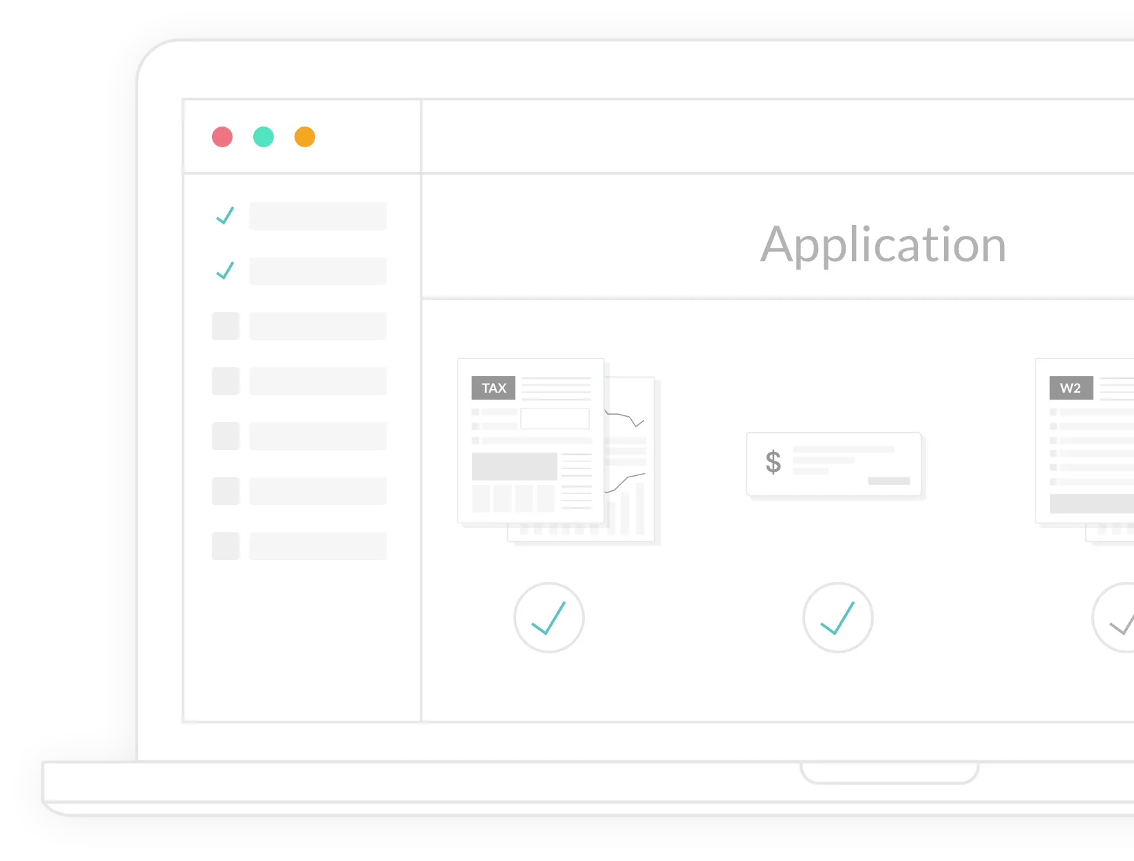 Screenshot of financial application showing tax documents, checkmarks indicating completed tasks, and a search sidebar with options for managing applications and documents.