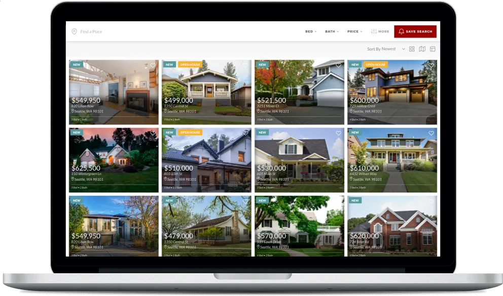Online real estate marketplace showing various homes for sale in Seattle, WA with prices, photos, and open house labels.