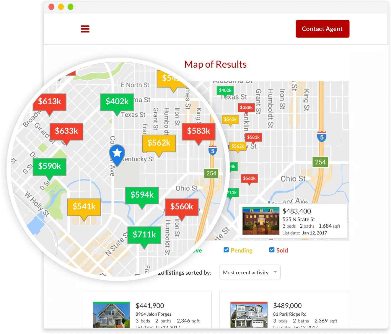 Interactive real estate map showing property prices across neighborhoods with color-coded markers and property details.