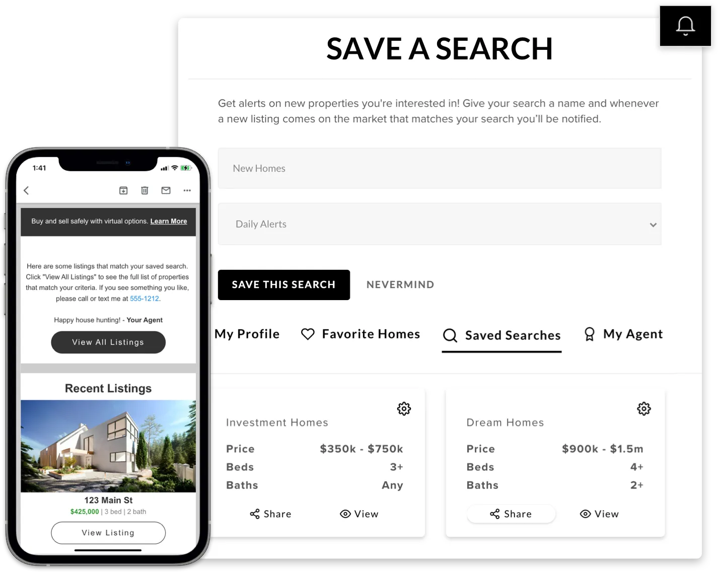 Real estate listing app interface showing recent property listings on a mobile phone and a webpage with options to save searches, favorite homes, and view property details.