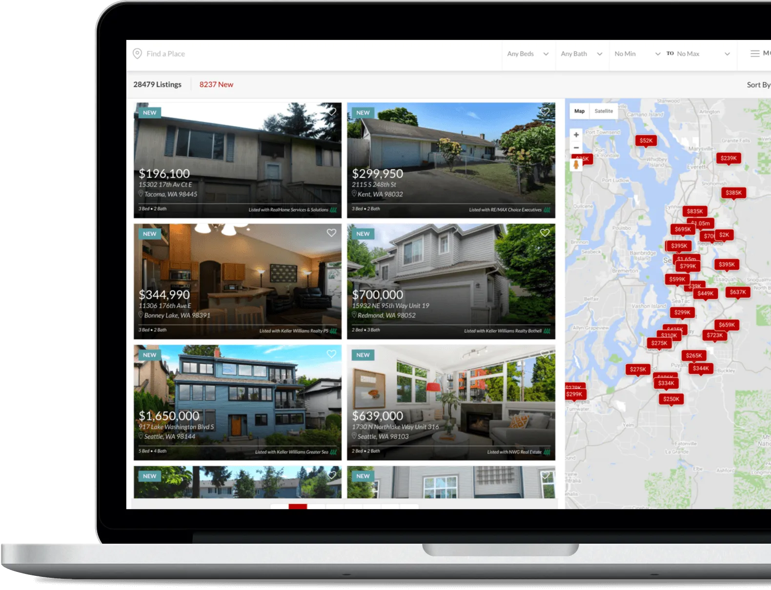 Online real estate listings platform displaying homes for sale in Washington state with property details and prices, along with a map of the Seattle area with marked listing prices.