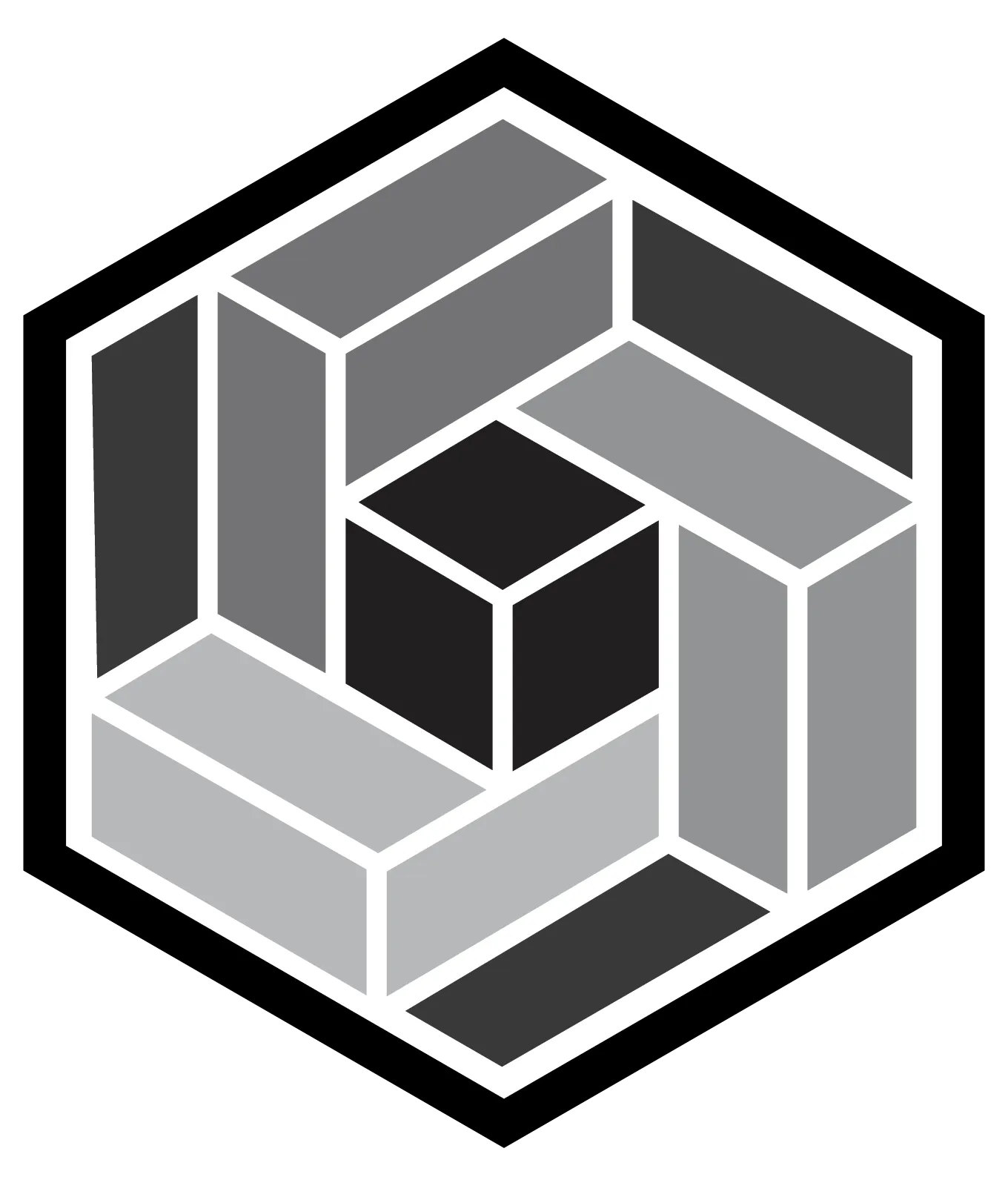 Black, white, and gray 3D geometric cube with interconnected rectangular and square shapes arranged in an isometric view