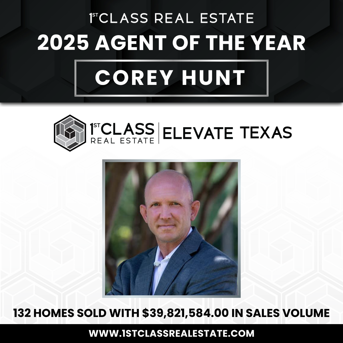 Portrait of Corey Hunt, 2024 First Class Agent of the Year at 1st Class Real Estate, recognized for selling 77 homes with $26,946,717 in sales volume.