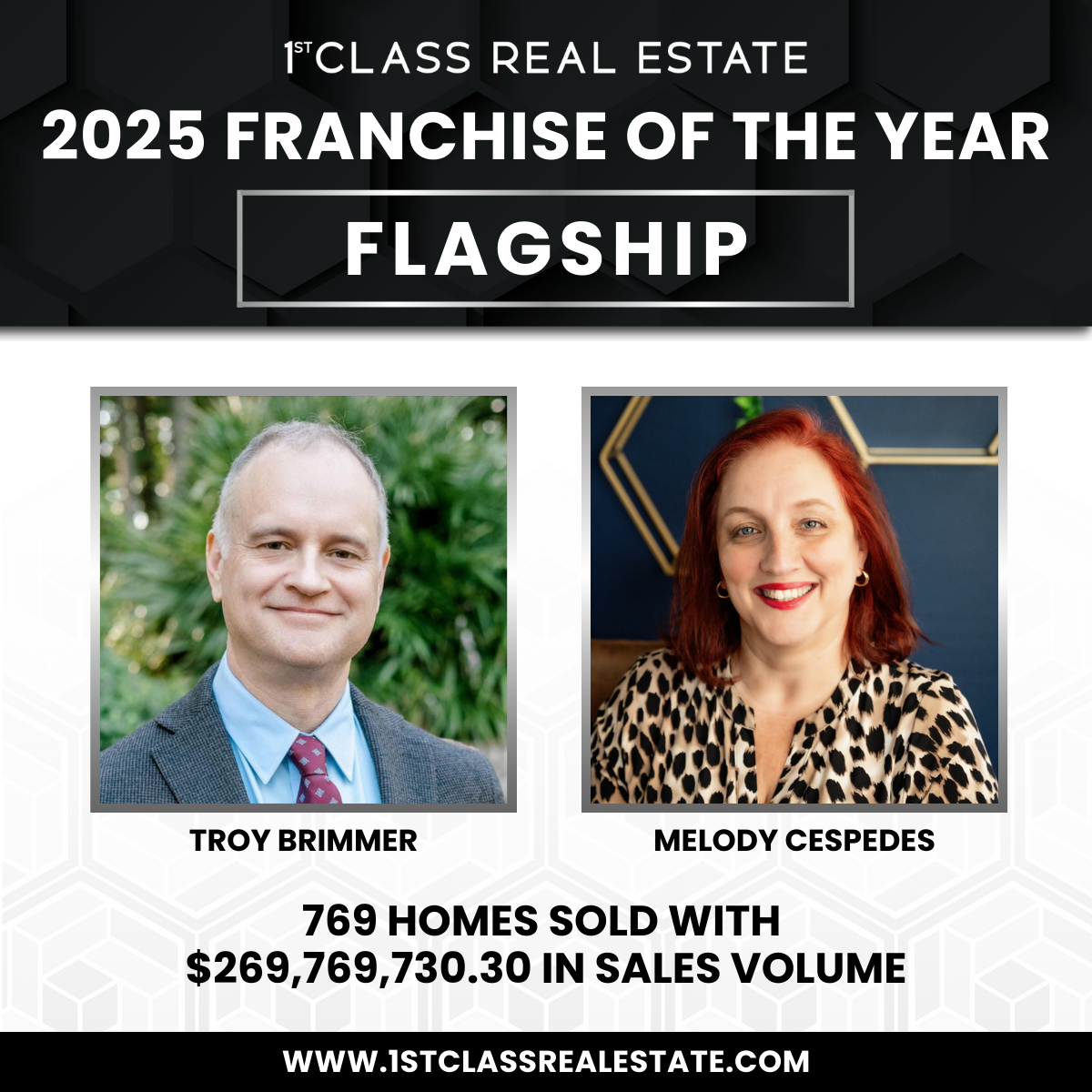 Headshot photos of two male real estate agents, David Casey and Ryan Kelly, with text announcing they won the 2024 Franchise of the Year Award at 1st Class Real Estate, highlighting their achievement of selling 802 homes with over $211 million in sales volume, promoting their website www.1stclassrealestate.com.