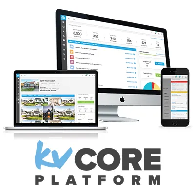 Screenshot of KVCORE real estate platform dashboard on desktop, laptop, and mobile devices displaying property listings, analytics, and user interface elements.