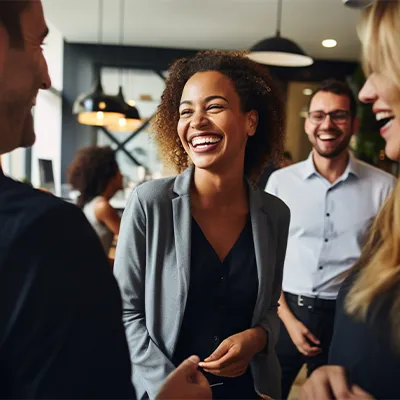 Group of diverse professional coworkers laughing and engaging in a friendly conversation in a modern office setting