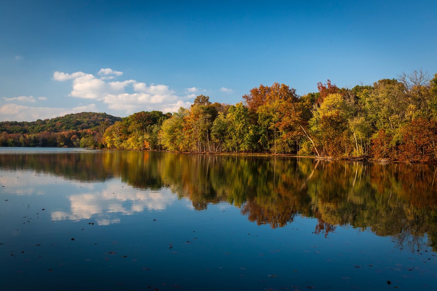 Scenic view of a calm lake surrounded by colorful autumn trees under a blue sky with scattered clouds