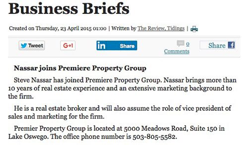 Lake Oswego Review Business Briefs: Steve Nassar Joins Premiere Propert Group