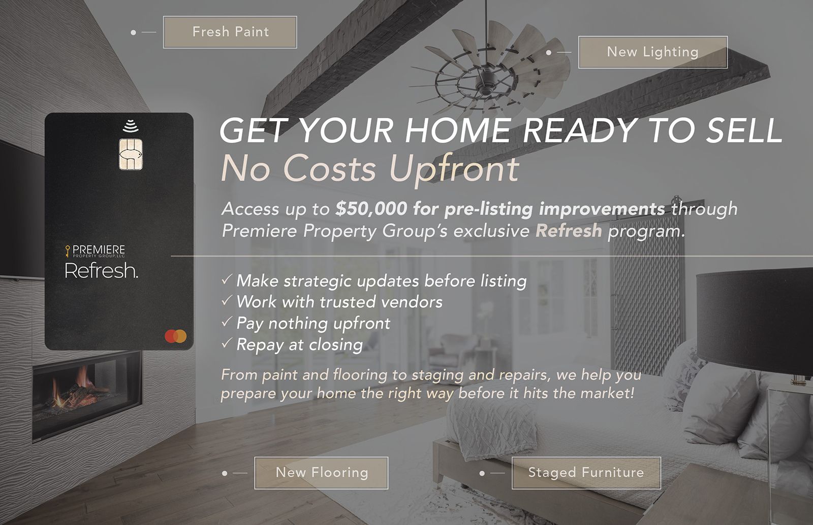 Professional man in a suit smiling in an office with a city and mountain view, promoting real estate services in 2026 with the slogan 