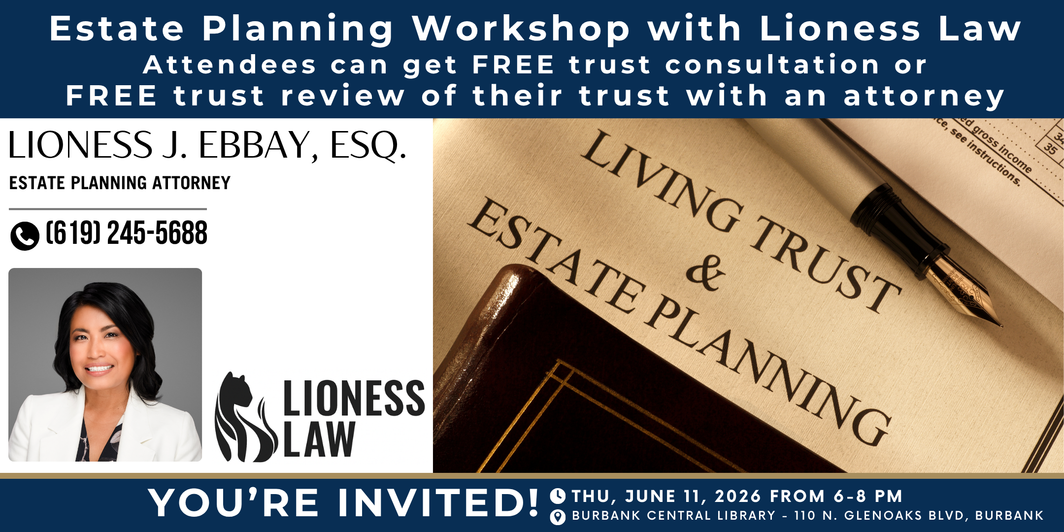 Estate Planning Workshop with Lioness Law offering free trust consultation or review, featuring attorney Lioness J. Ebbay, Esq., scheduled for September 11, 2025, at Burbank Central Library