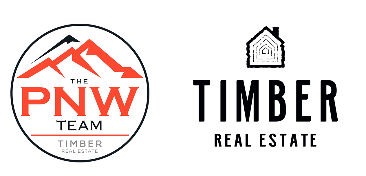 PNW Team Timber Real Estate logo featuring mountain and house graphics for real estate services