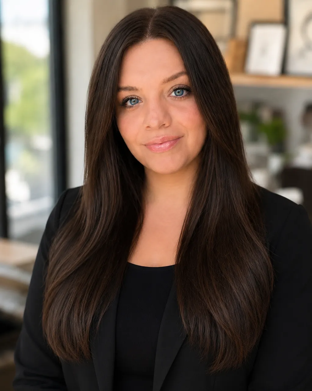 Portrait of a confident young woman with long wavy brown hair wearing a gray shirt and black blazer, looking at the camera against a neutral background.