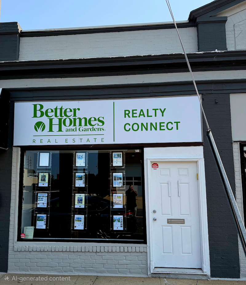 Realty Connect USA real estate office storefront on 24 Franklin Avenue with signage and displayed property listings