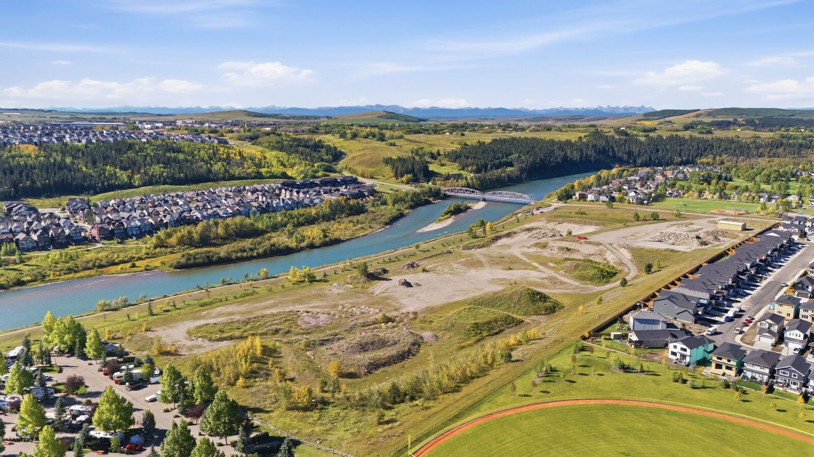 Aerial view of the Bow River near Greystone, Cochrane