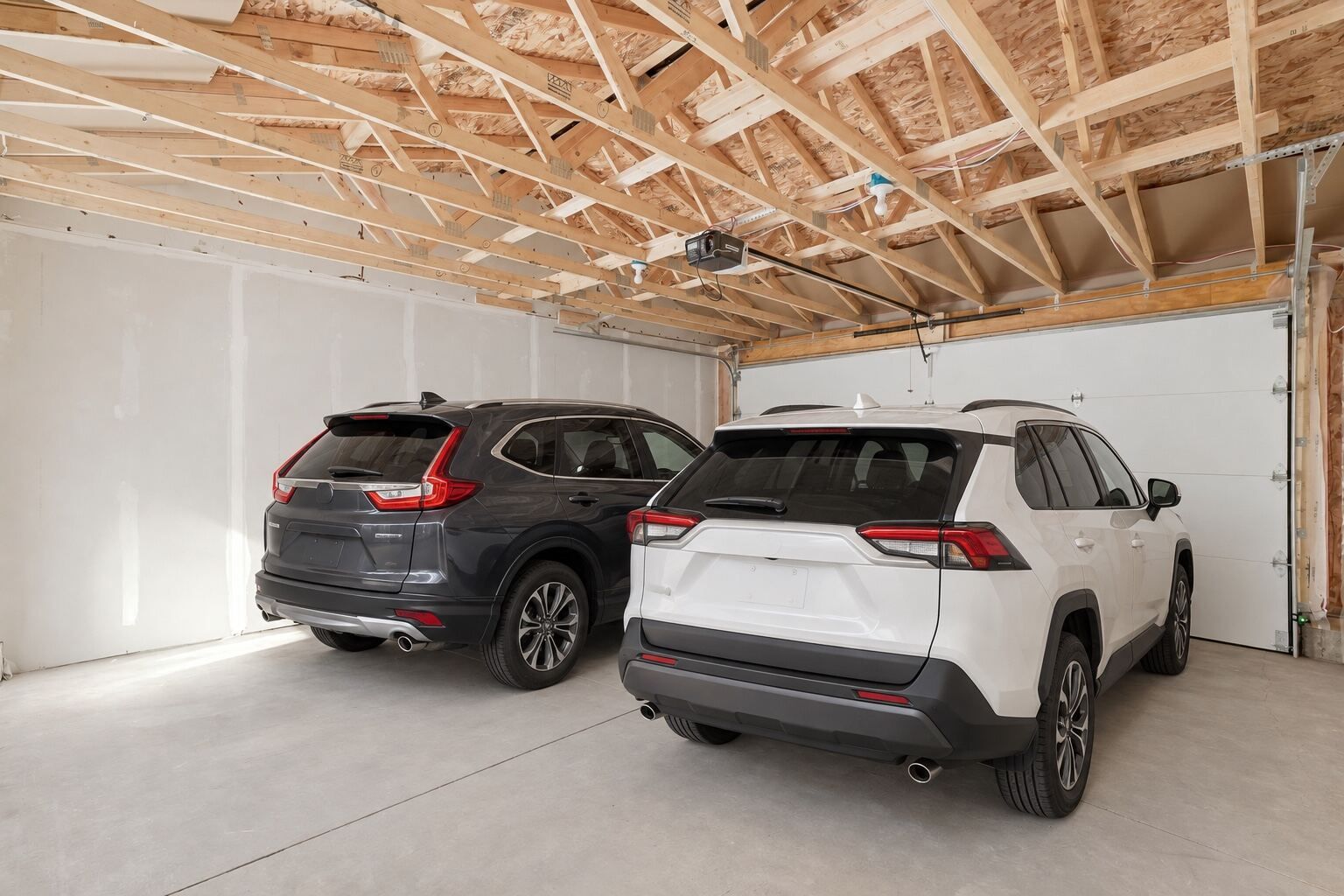 Virtually staged double detached garage with two vehicles