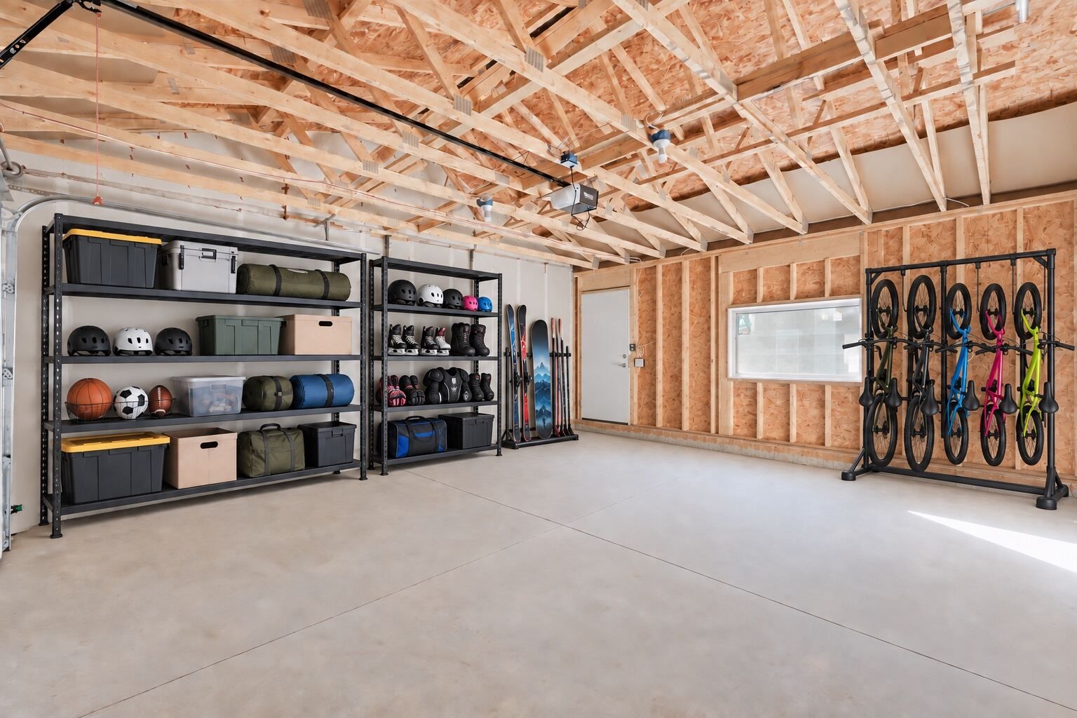 Virtually staged garage with bike and gear storage