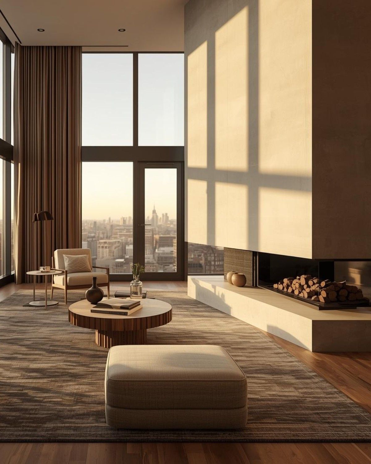 Warm editorial living room interior reflecting refined Calgary inner-city lifestyle and design with natural light and modern finishes.