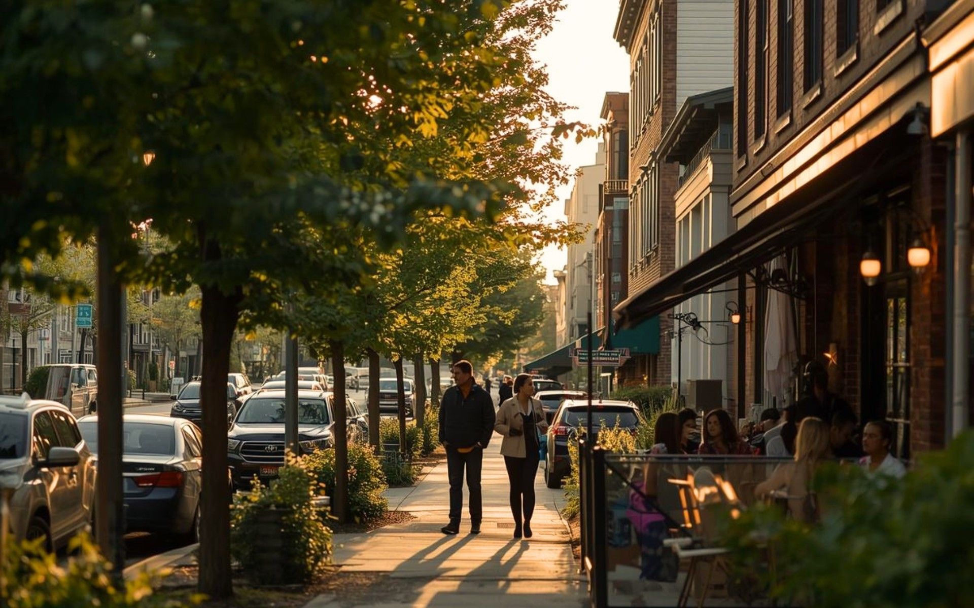 Garrison Woods Calgary walkable inner-city street near Marda Loop with patios and mature trees at golden hour