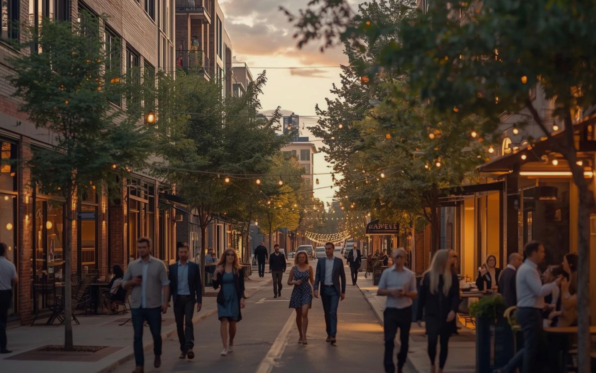Walkable inner-city Calgary street with shops, restaurants, and people out in the evening