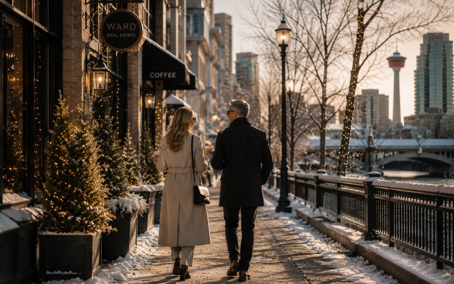 Lara and Stacy Underhill walking beside Calgary's river pathway in winter near downtown at golden hour