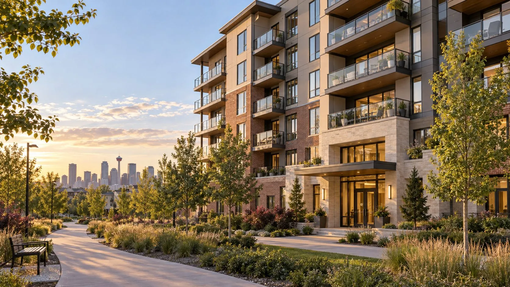 Brand new mid-rise condo building with glass balconies and a landscaped pathway at sunset, with the Calgary skyline in the distance