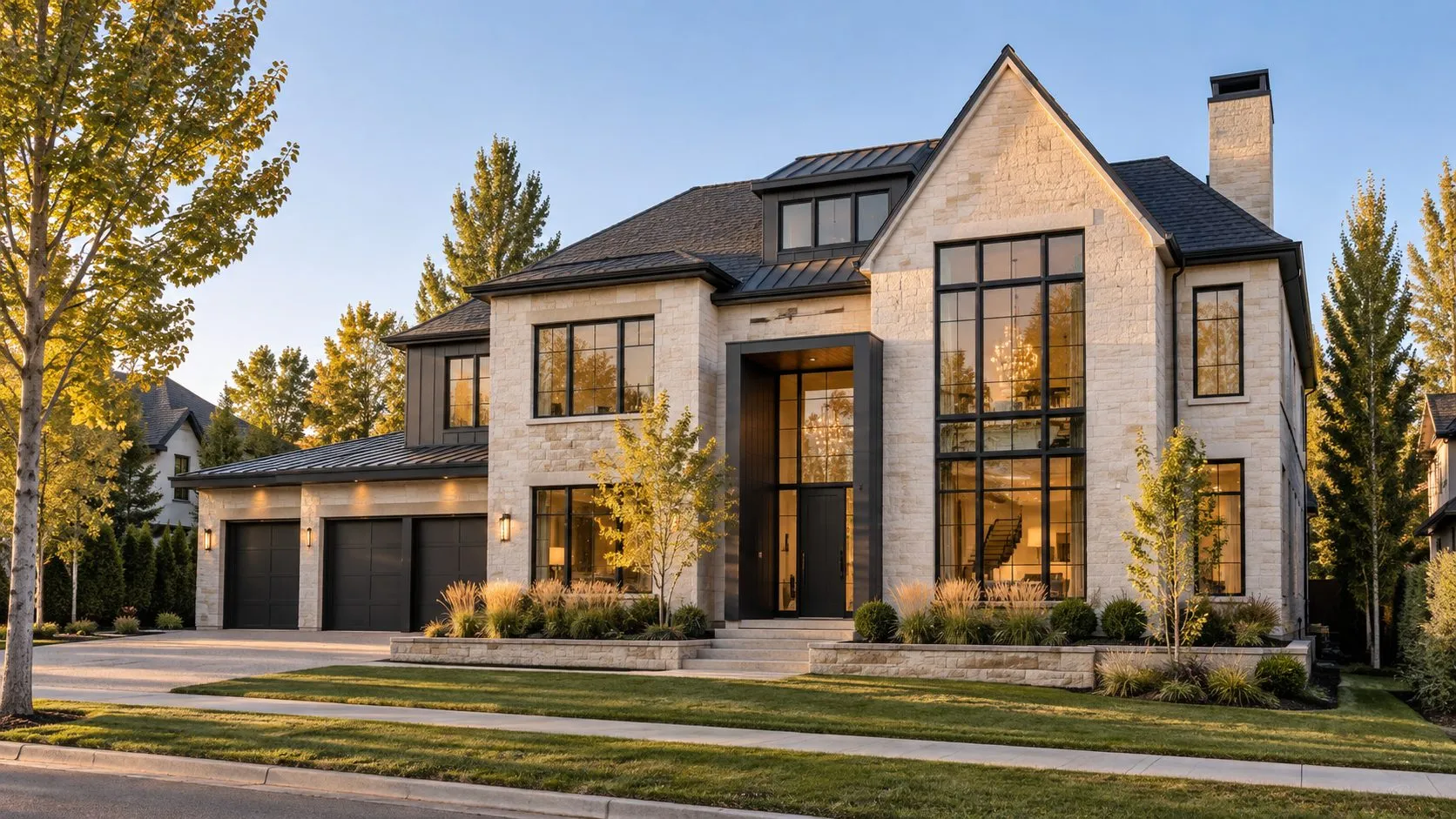 Brand new two-storey home with a stone exterior, black-framed windows and a triple front garage, representing new construction homes in Calgary and surrounding areas
