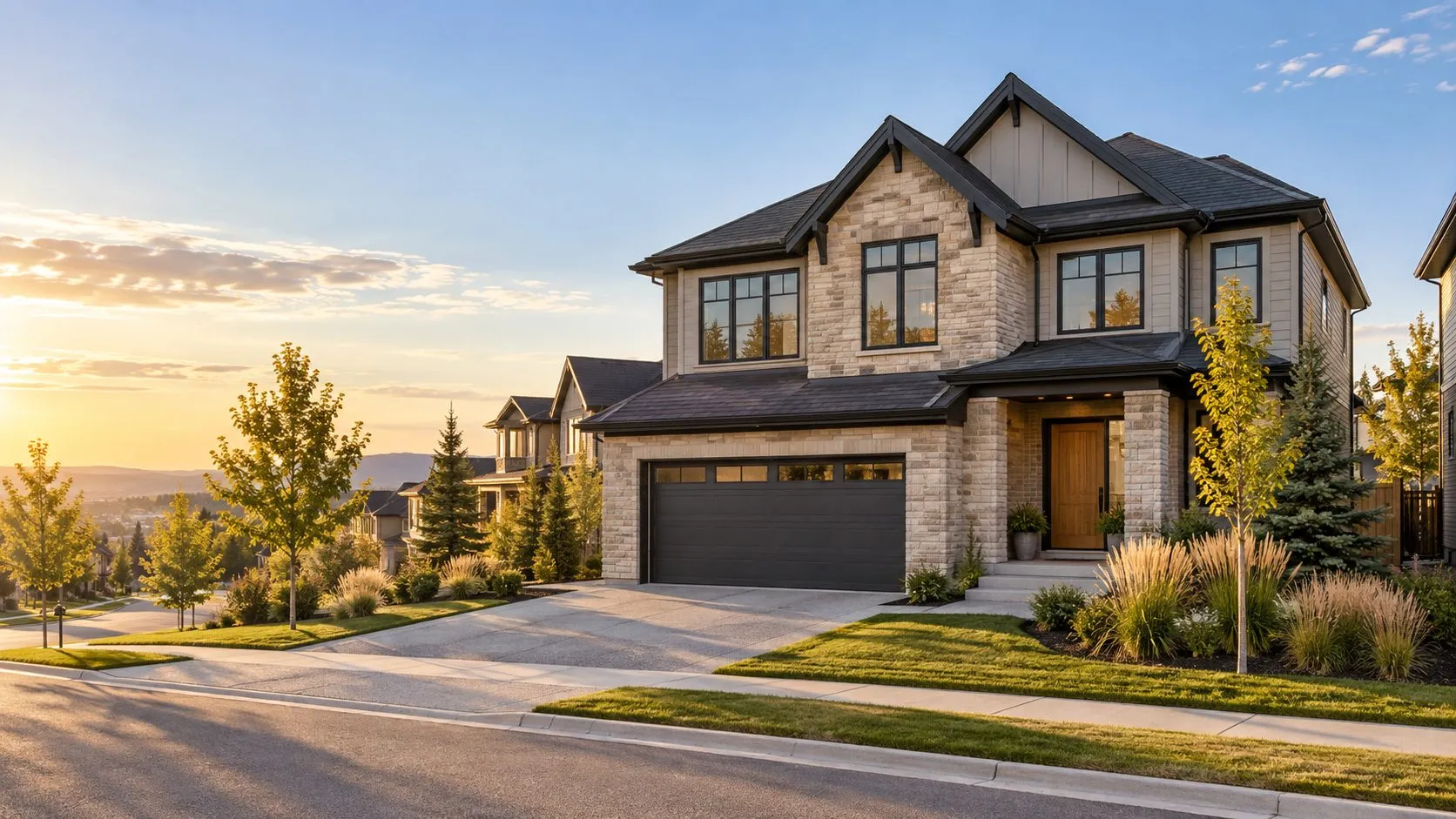 Brand new two-storey detached home with a stone exterior, black-framed windows and a double front garage on a quiet street in a Calgary area community