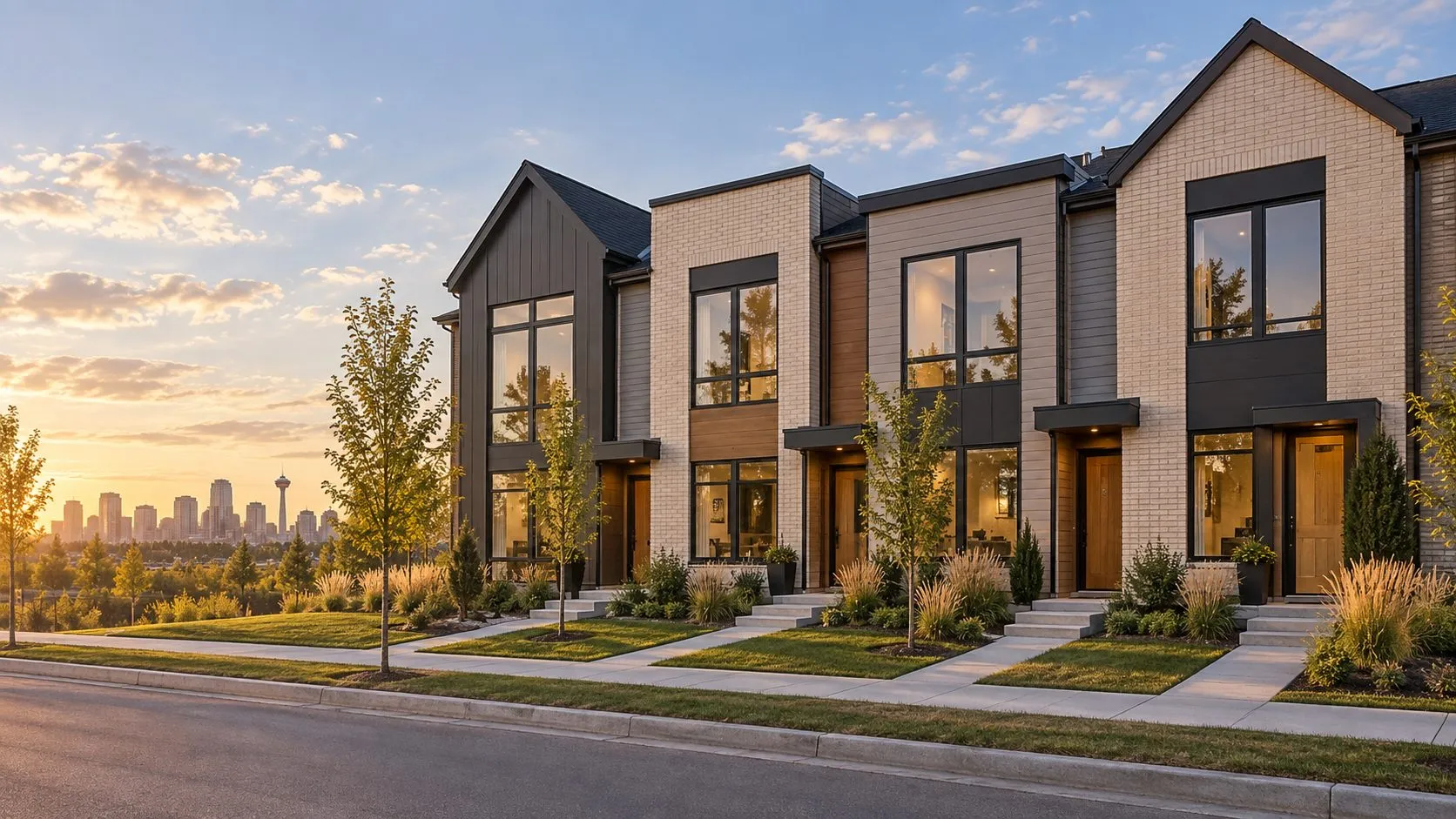 Row of brand new freehold townhomes with brick and wood exteriors and private front walkways, with the Calgary skyline in the distance