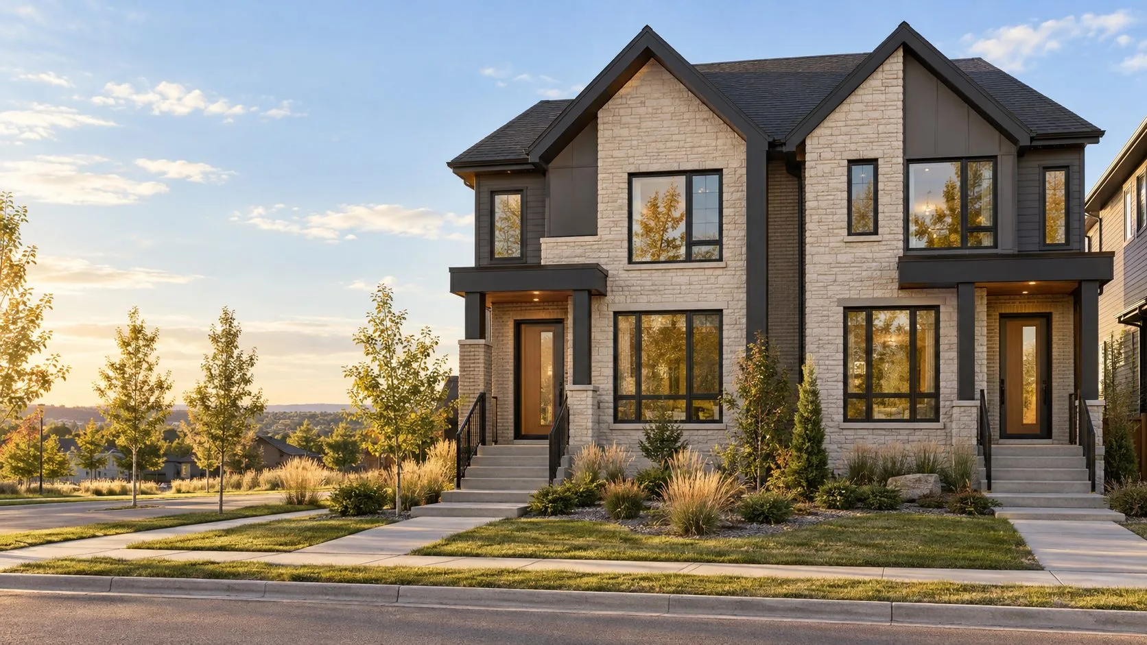 Brand new two-storey semi-detached home with a stone and dark siding exterior, two front entries and landscaped front yards in a Calgary area community