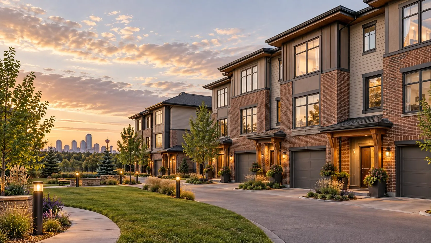 Brand new condo townhomes with brick and siding exteriors, attached garages and a landscaped pathway at sunset, with the Calgary skyline in the distance