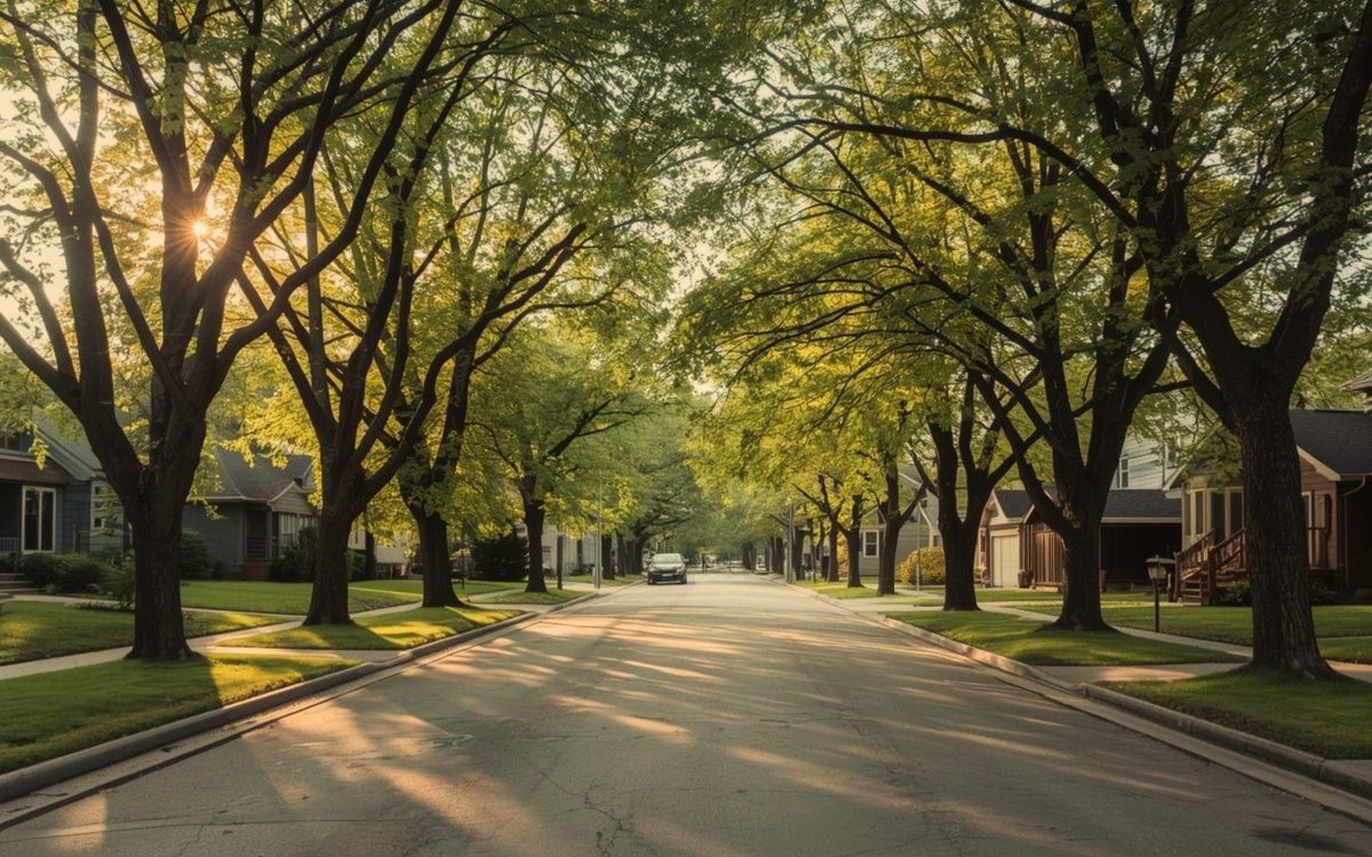 Tree-lined residential street in North Glenmore Park Calgary with mature trees and quiet inner-city homes near the Glenmore Reservoir