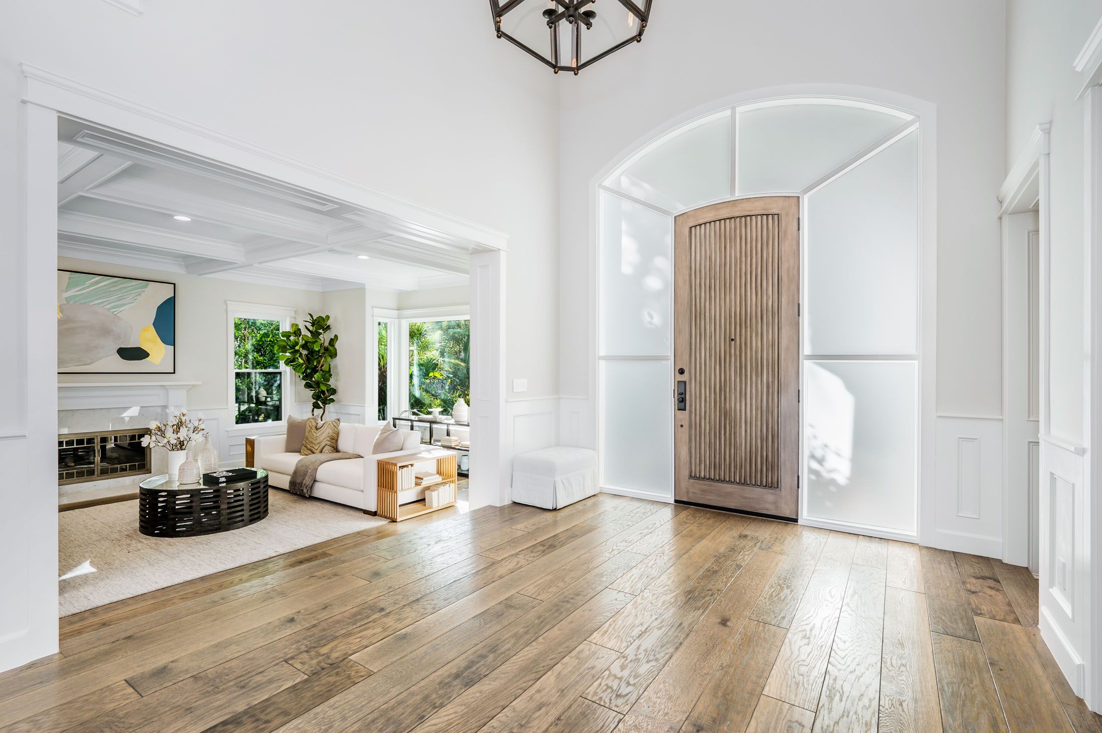 Modern front entryway with a wooden door, white walls, natural light, and hardwood flooring in a contemporary home.