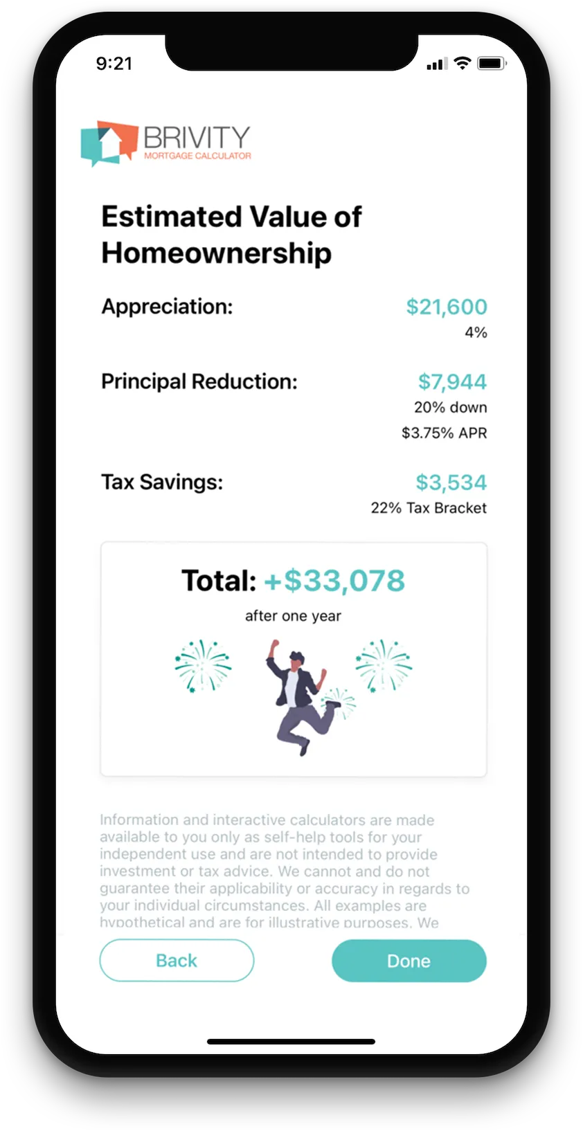 Estimated homeownership value calculation showing appreciation, principal reduction, tax savings, and total savings after one year on a mortgage calculator app.