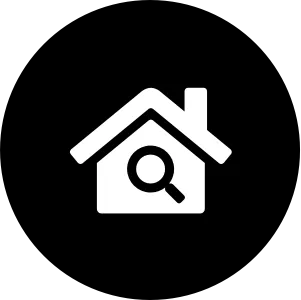 House icon with magnifying glass symbol representing real estate search or property investigation