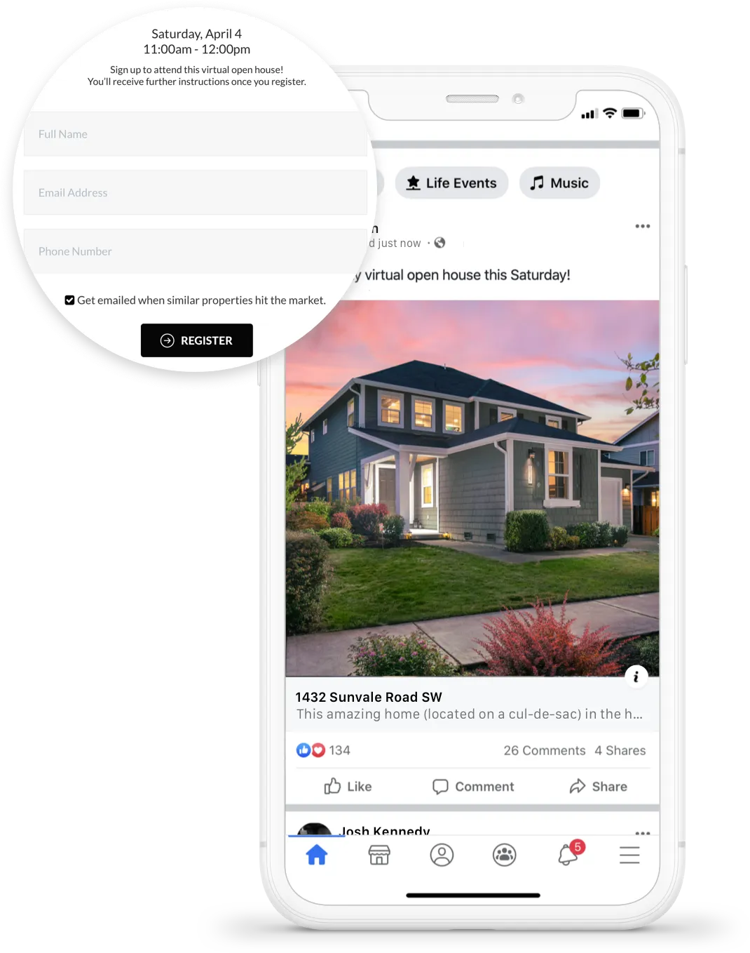Virtual open house event registration form overlaying a real estate listing for a home at 1432 Sunvale Road SW on a smartphone screen.