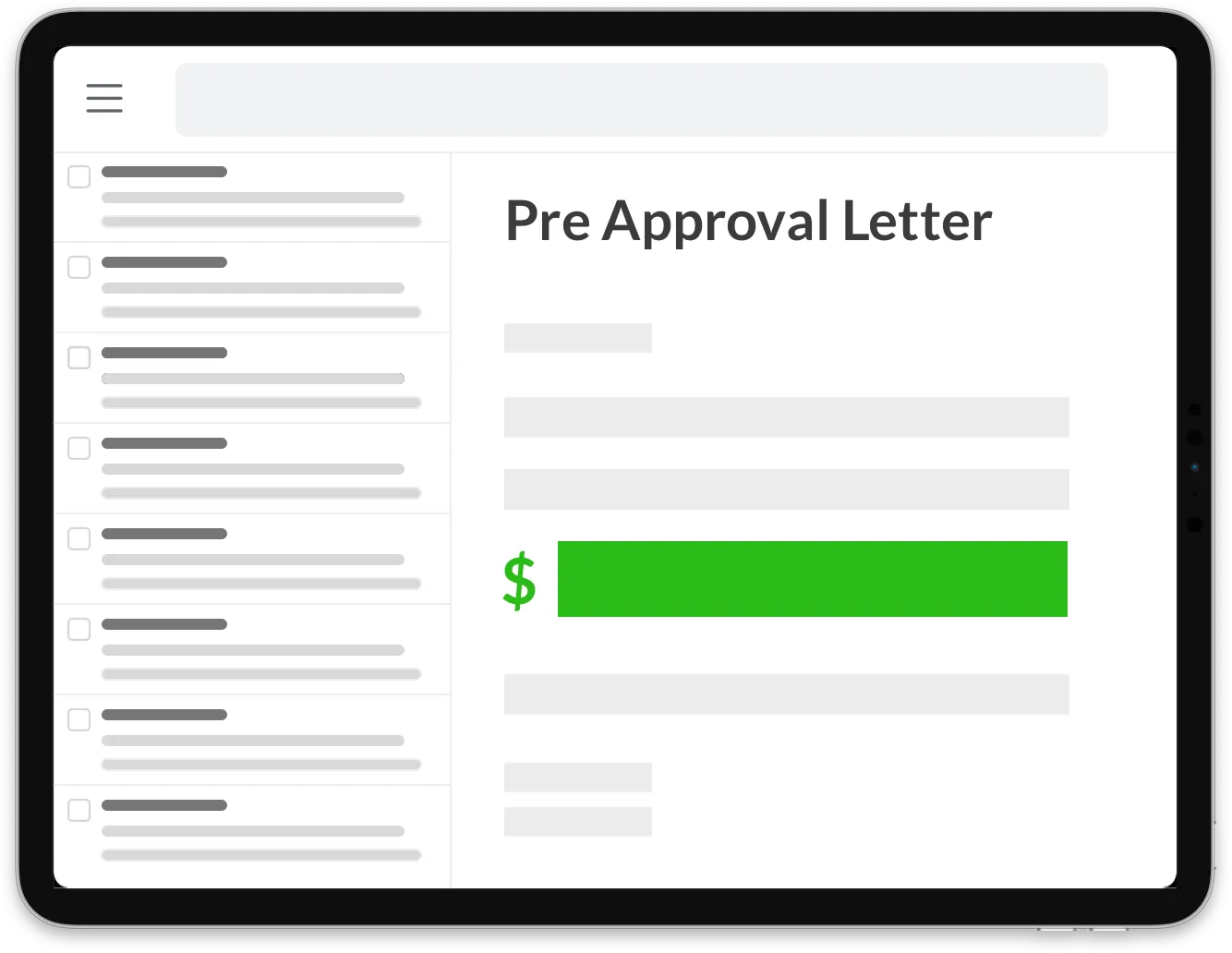 Pre-approval letter with financial information on a tablet screen for mortgage approval process