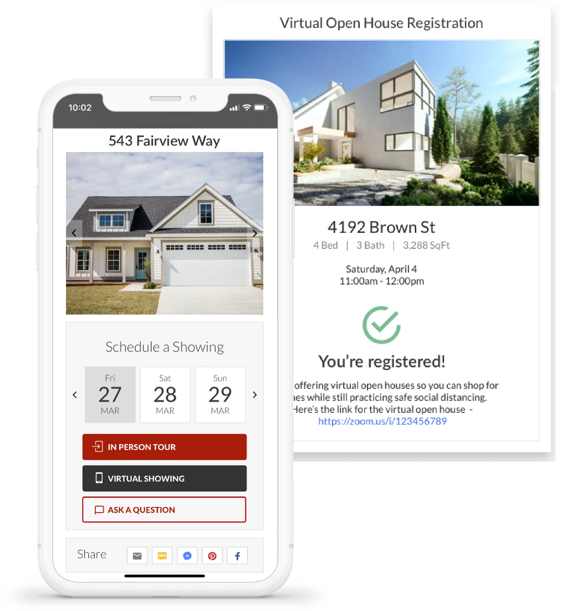 Mobile app interface for scheduling virtual or in-person home tours at 543 Fairview Way, featuring a photo of a house, date options, and buttons for tour types with social sharing options.