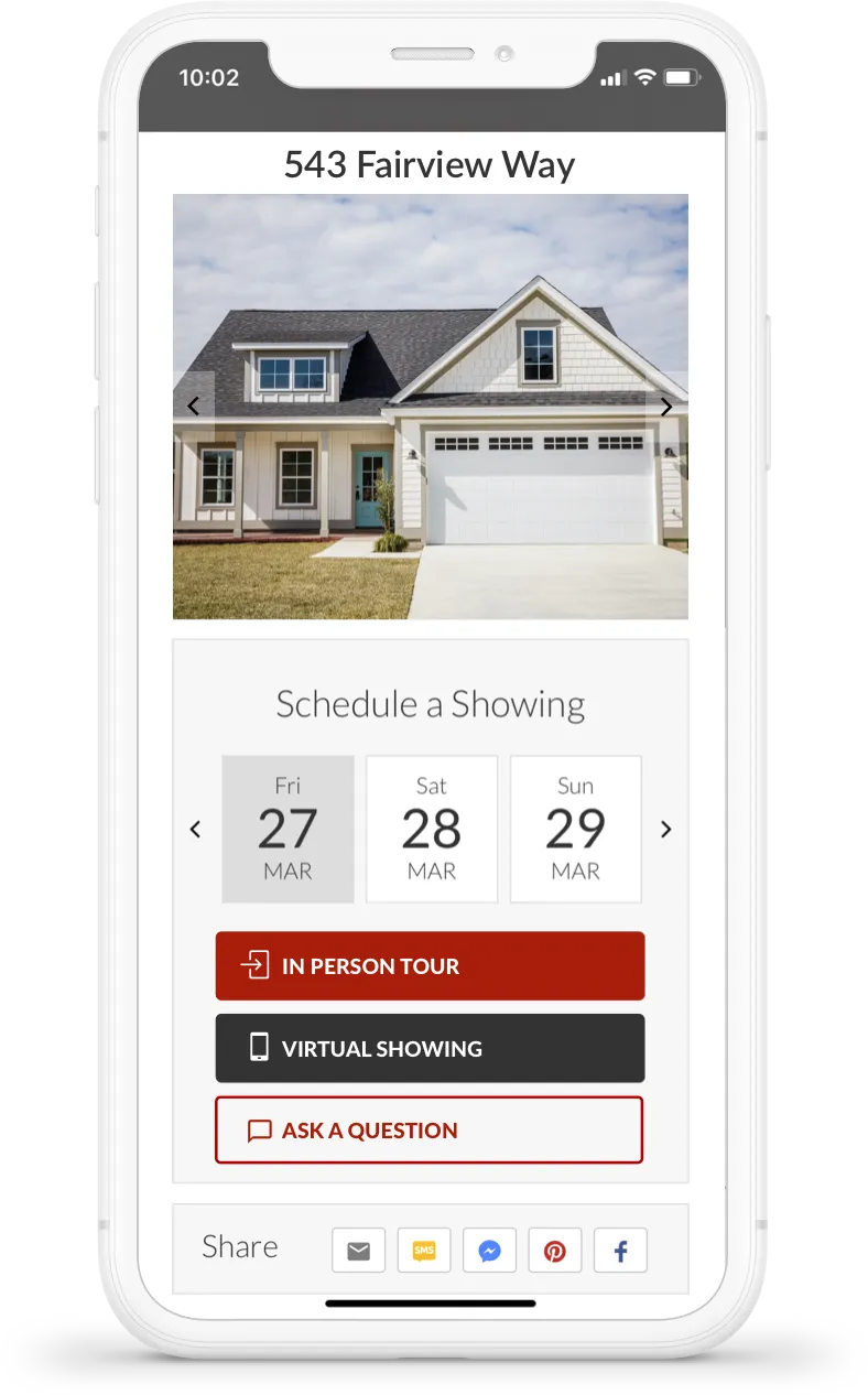 Mobile real estate website showing house images and options to schedule in-person or virtual tours, with a call to action to ask questions and share via social media.