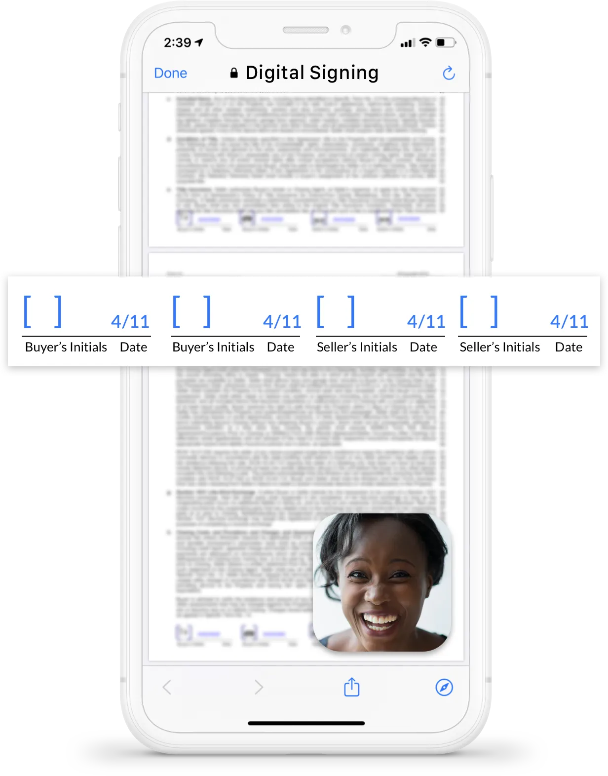 Digital signing of a contract with a smiling woman using an e-signature app on a smartphone, showing signature fields for buyer's initials and date.