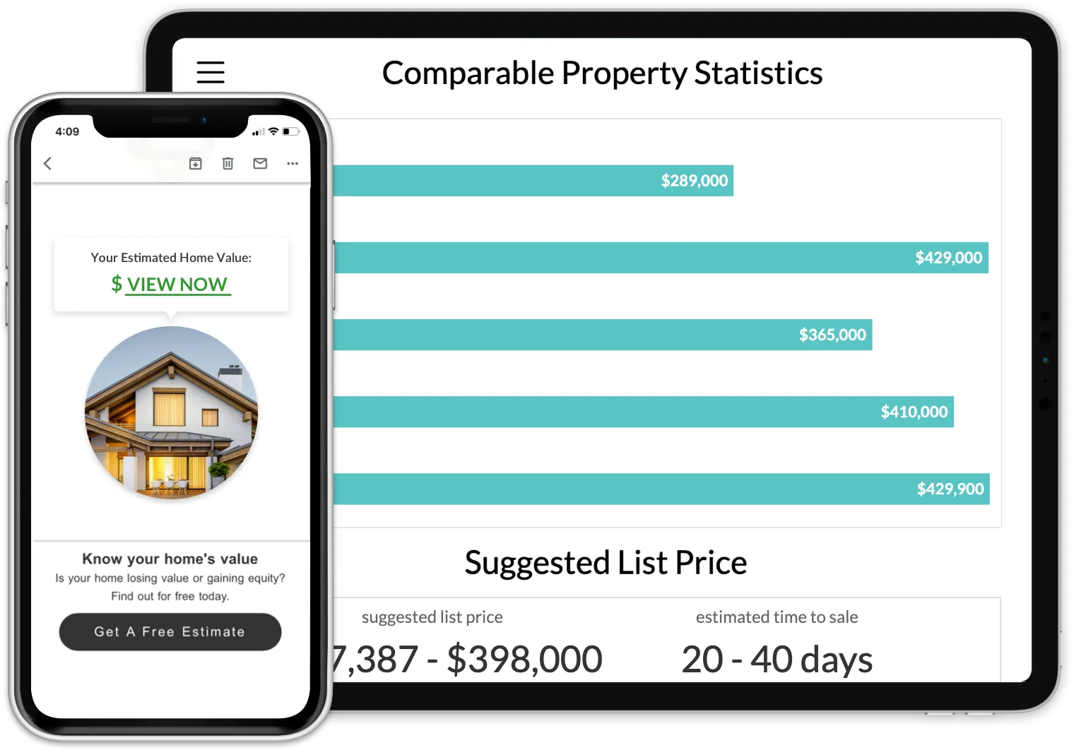Mobile phone screen showing a real estate app offering a free home value estimate with a house image, and a tablet displaying comparable property statistics and estimated list price.