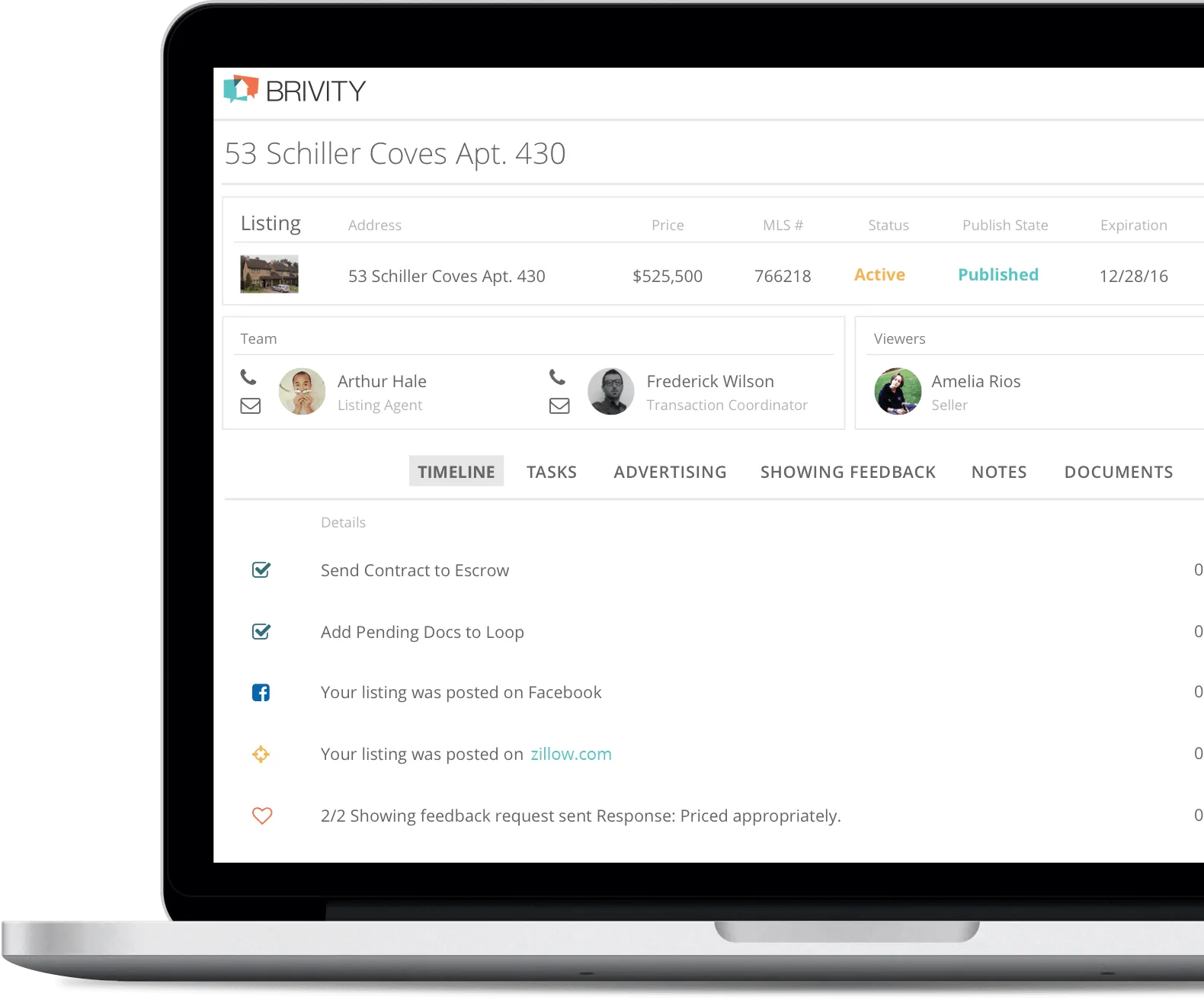 Real estate listing management dashboard showing property details for 53 Schiller Coves Apt 430 including status, team members, viewers, and activity feed.