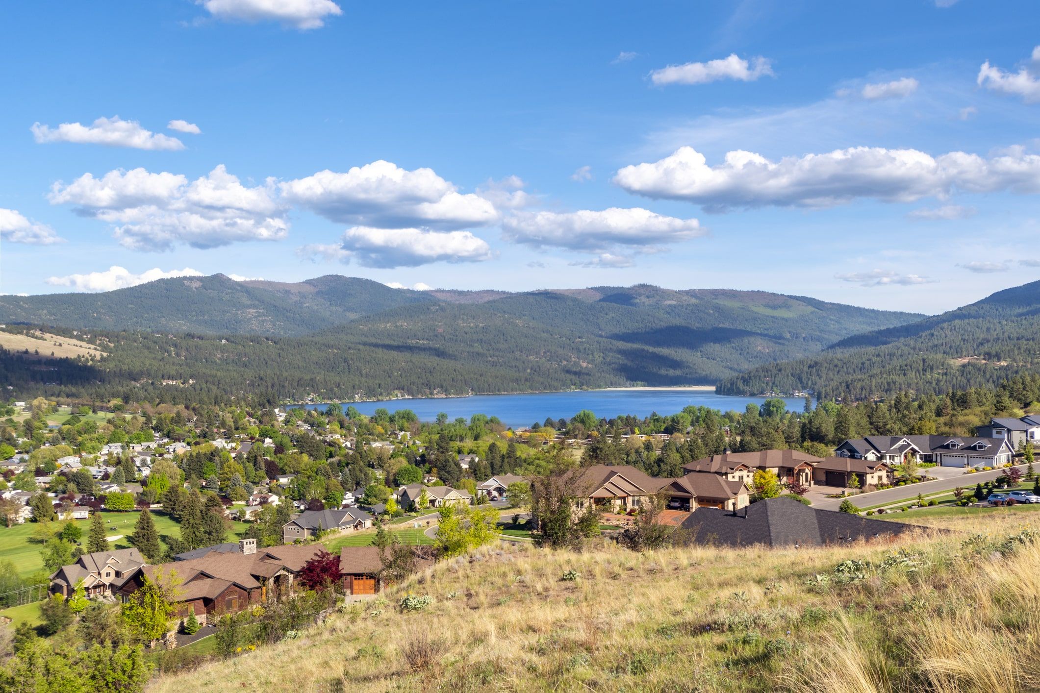 Serene suburban neighborhood with single-family homes, lush greenery, a lake, and forested mountains under a blue sky with white clouds.