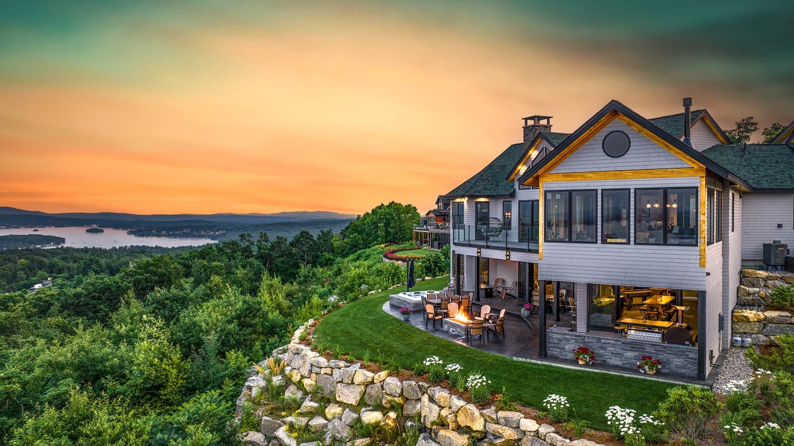 Stone-lined garden bed with a 