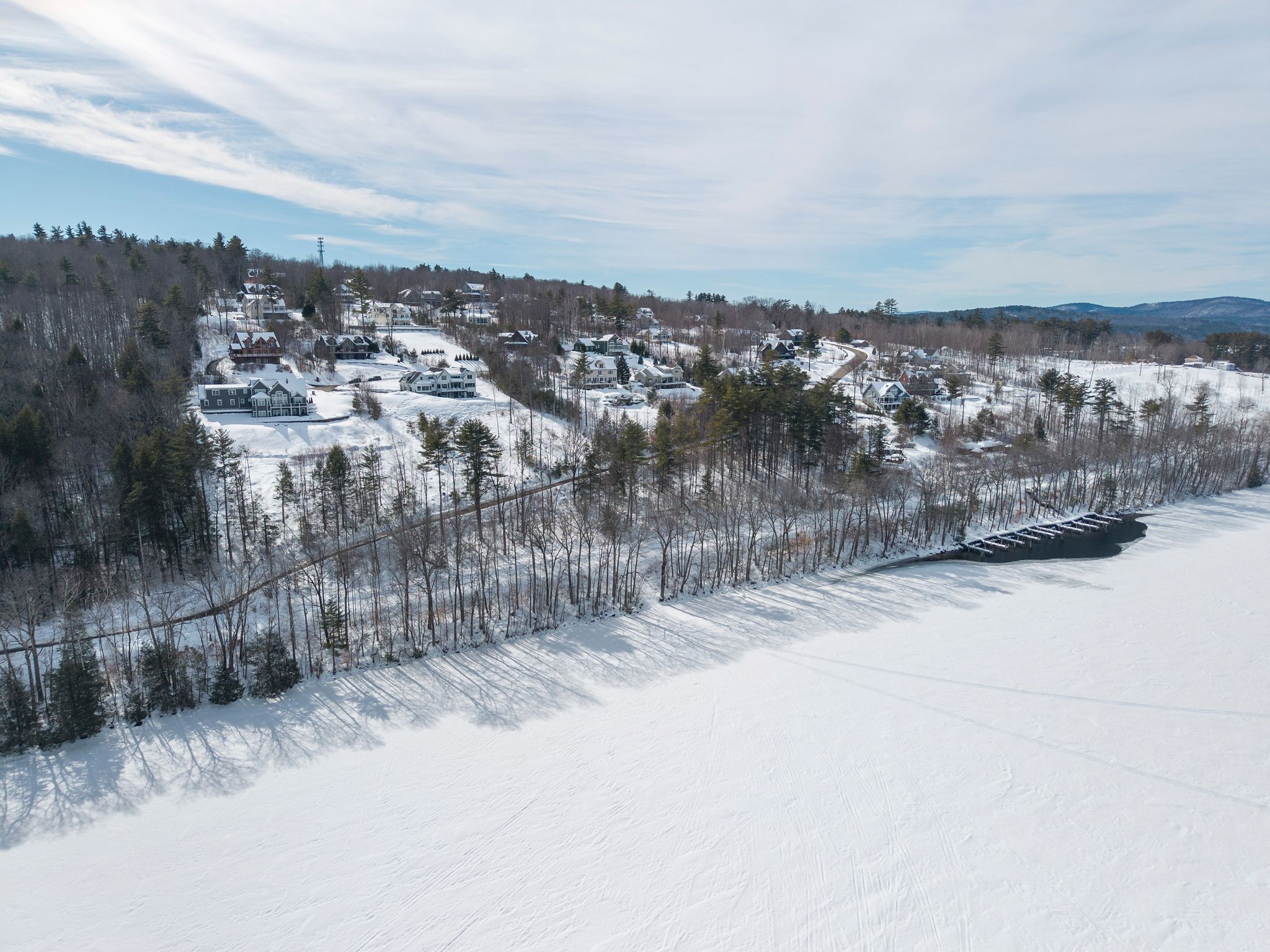 Spacious outdoor deck with dining area, table and chairs, patio umbrella, and American flags, overlooking lush green trees and a bright blue sky
